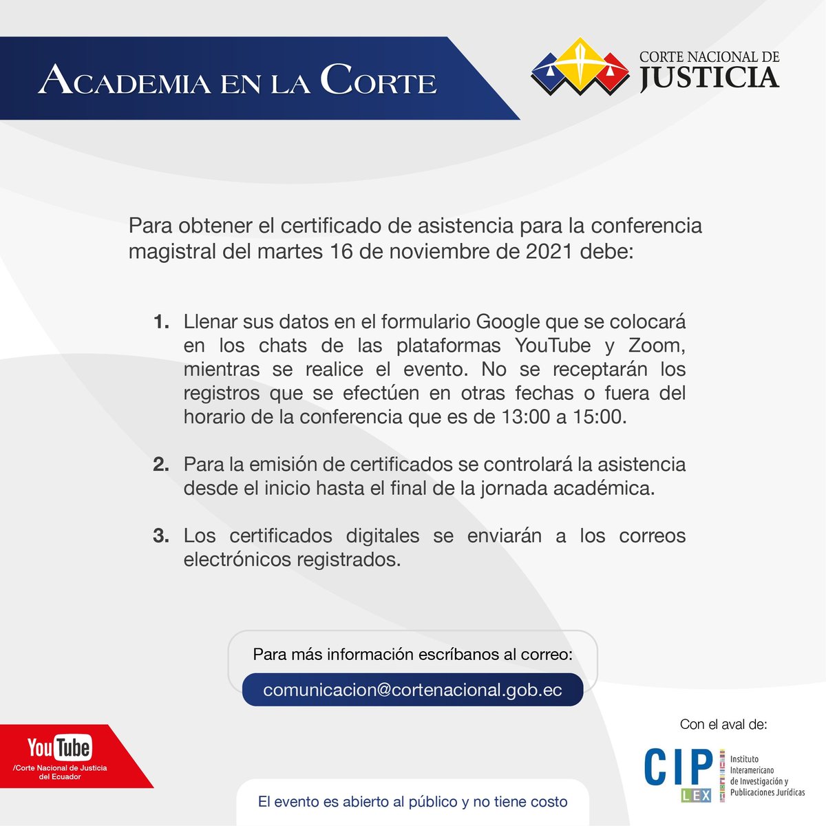 CorteNacional's tweet photo. 🎓#AcademiaEnLaCorte | La @CorteNacional de Justicia, con el aval de #CIPLex, invita a participar en la conferencia magistral del catedrático español, Dr. Jesús Silva Sánchez, con el tema:"El dolo en el derecho penal económico".
💻 Zoom ➡️ https://t.co/unAnWoN1NP https://t.co/C4Kphpssdf