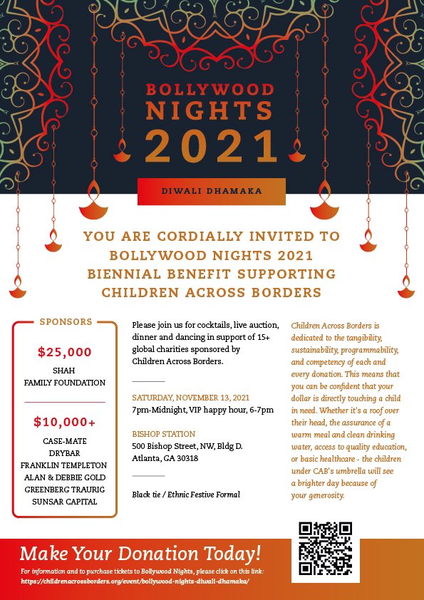 ChildrenBorders's tweet photo. CAB is so excited to be hosting Bollywood Nights in Atlanta TOMORROW! It’s turning out to be an AMAZING evening with fellow donors, family and friends. 

This is the LAST CALL to purchase tickets! https://t.co/oRCDDU6eLt