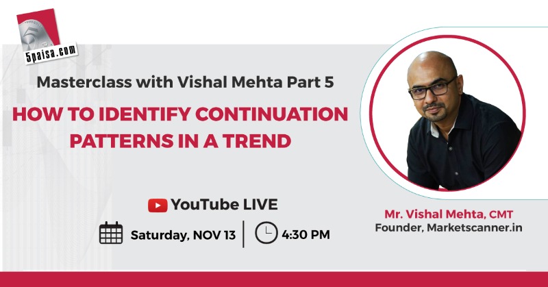 5paisa's tweet photo. Masterclass with Vishal Mehta Part 5 goes live in another 10 minutes. 

Don't miss this insightful session with Mr. @VishalMehta29 and learn how to identify continuation patterns in a trend.

Stay tuned!

#5paisaLive #5paisaWebinar #ContinuationPatterns #StockMarketIndia