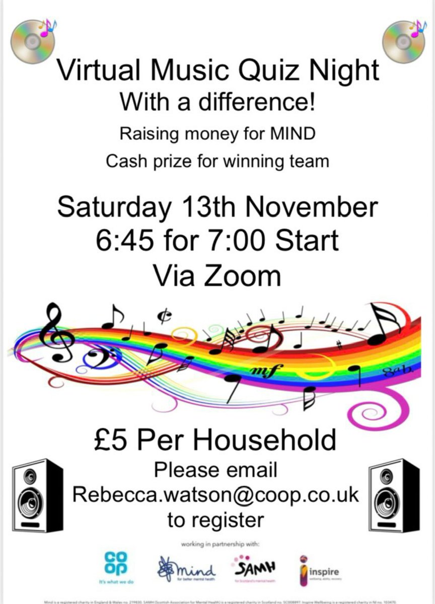 Not long to go now for the virtual music quiz. Have you registered yet? If not there is still time. @R_Watson94 <a href="/coopuk/">Co-op</a> <a href="/MindCharity/">Mind</a> <a href="/fewey7/">Martin Trethewey</a> <a href="/CatherineChatt/">Catherine Chattwood</a> <a href="/PeterBatt3/">Peter Batt</a> #coopsouthwest <a href="/Stephen34477730/">Stephen</a> <a href="/m__brownfield/">Martin Brownfield 〓〓</a> <a href="/berryman_simon/">Simon Berryman</a> <a href="/dixonleon7/">Leon Dixon</a>
