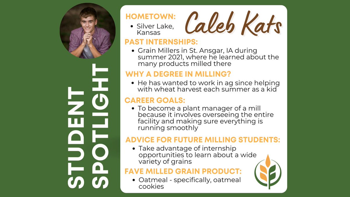 NAMAmillers's tweet photo. Congrats to Caleb Kats, a recipient of the @NAMAmillers scholarship at @KState. He is majoring in Milling Science &amp; Management w/a minor in Agronomy &amp; expects to graduate in spring 2023. Learn more about opportunities in the #milling industry: https://t.co/nRBd7XyW4d. https://t.co/a6jUgNz2bz