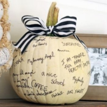 Make a Family Gratitude Thanksgiving Pumpkin!  Have your family write all the things they are thankful for on the pumpkin and display it...use a plastic pumpkin and you can save them from year to year!!!  #ThanksgivingIdeas #Thanksgiving #Grateful