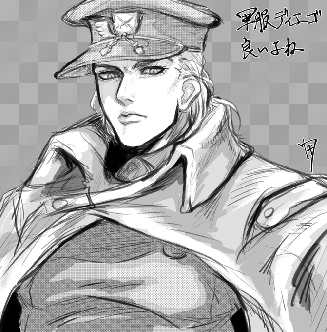 タグの続きとかディエゴの続きとか描きたかったんだけど時間が無いので、過去の俺が描いた軍服ディエゴを再び投下することによって全てを終えたと錯覚させることにします。 