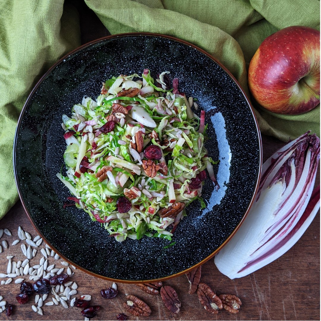 The December issue of <a href="/topsanteuk/">Top Santé magazine</a> is out now featuring this delicious Brussels sprout, apple and celery slaw with cranberries, pecans and toasted seeds. It's fresh and light and really flavoursome with a delicious orange and maple dressing. #salad #sprouts