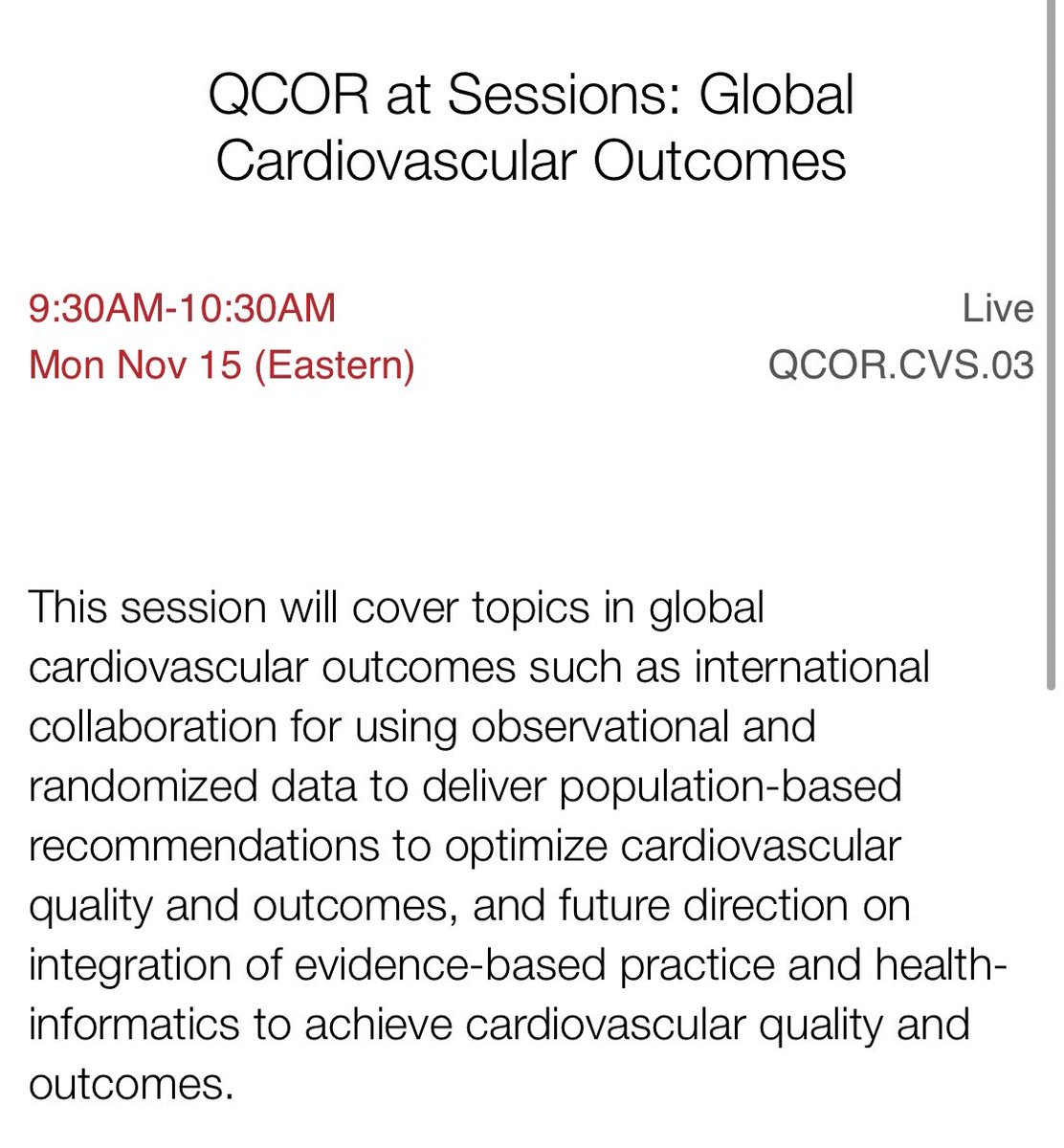 hvanspall's tweet photo. #AHA21 #QCOR21 countdown continues
Check out this 💫 session w/ @rohan_khera @Mark_Huffman et al.
Grateful to present strategies to improve #CVD outcomes in 👩🏽 across the 🌎, from #policy to #research to #care.
Will present some of our work in global health.
#AHARME https://t.co/GnDFmF0P2w