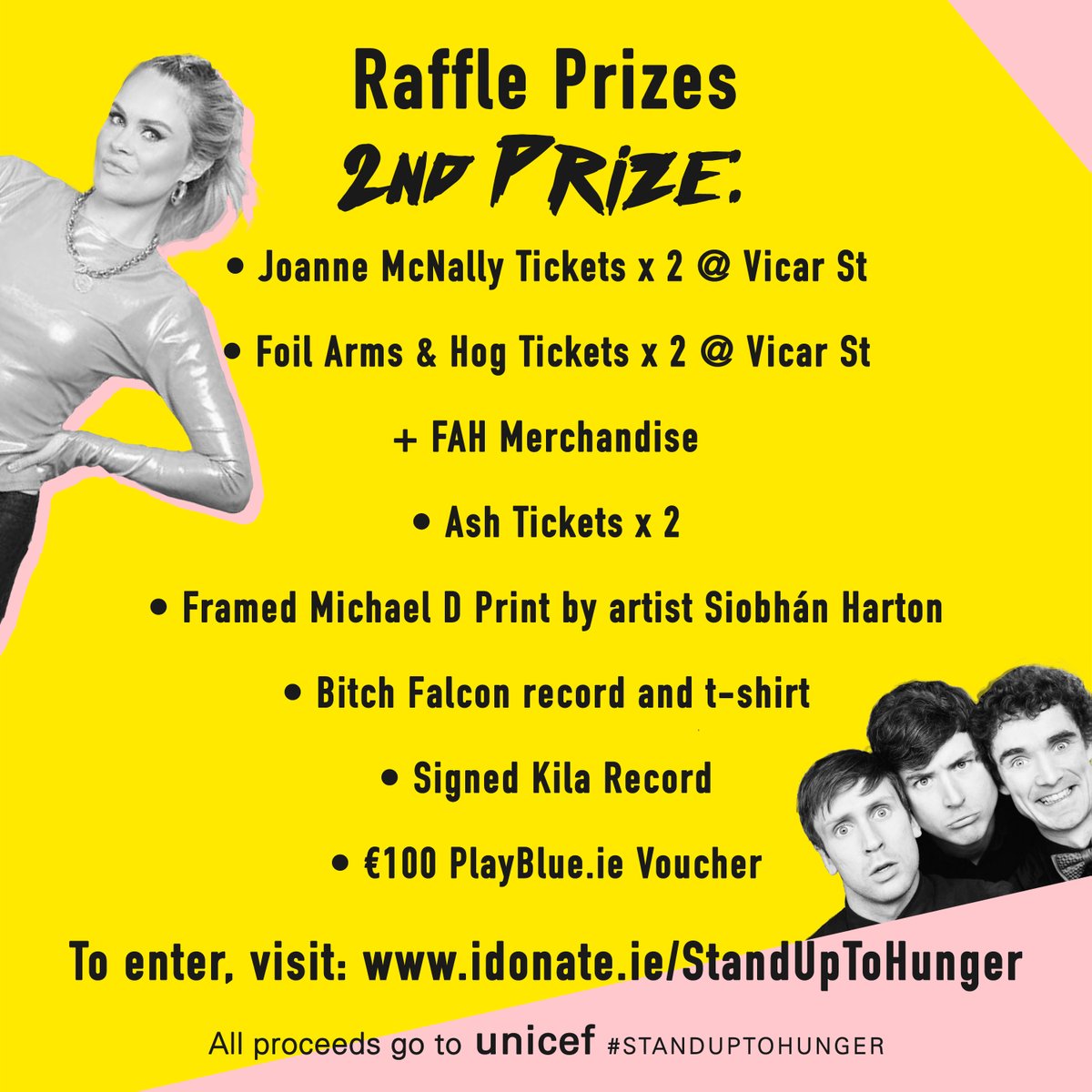 StandUpToHunger's tweet image. Check out our amazing raffle prizes! @jomcnally ! @Tommedian ! @FoilArmsAndHog  @DustinOfficial ! 
Tickets only €7!   2 for €10!!   5 for €20!!!
To enter go to: idonate.ie/raffle/StandUp…
All proceeds go to @unicefireland #Yemen fund