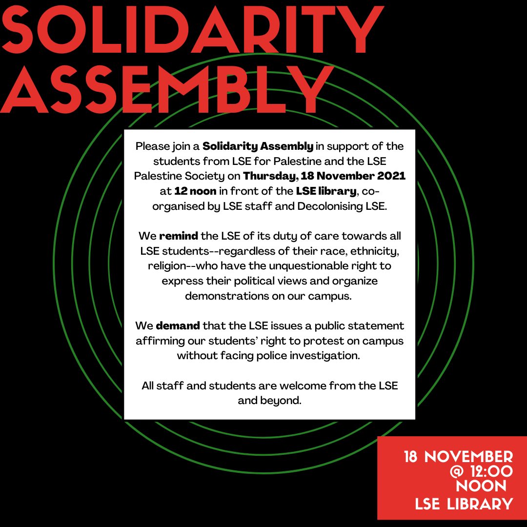 Decolonising LSE (@decolonisinglse) on Twitter photo 🚨 SOLIDARITY ASSEMBLY IN SUPPORT OF STUDENTS FROM <a href="/LSEforPalestine/">LSE for Palestine</a> AND THE LSE PALESTINE SOCIETY 🚨
Thursday, 18 November, 12 noon, in front of LSE Library👇 co-organised by LSE staff and Decolonising LSE 🚨 SOLIDARITY ASSEMBLY IN SUPPORT OF STUDENTS FROM <a href="/LSEforPalestine/">LSE for Palestine</a> AND THE LSE PALESTINE SOCIETY 🚨
Thursday, 18 November, 12 noon, in front of LSE Library👇 co-organised by LSE staff and Decolonising LSE