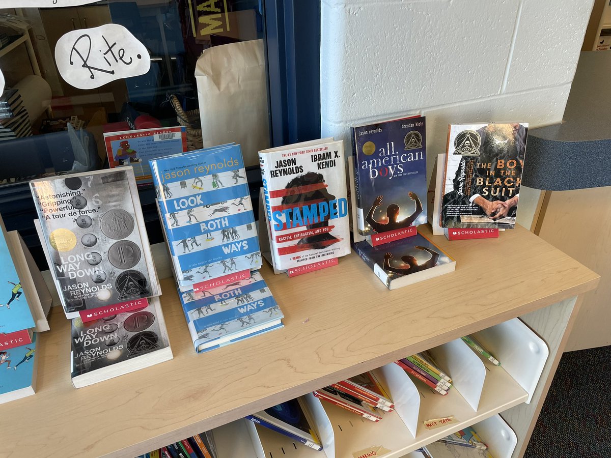 EaglePlainsLLC's tweet photo. Students will be walking into the LLC on Monday with our new featured author @JasonReynolds83 on display.  Channeled my inner Banksy to create the display. Only used up one Sharpie surprisingly 😀.  @PDSB_Libraries @eagleplainsps https://t.co/hyKc7wfQNQ