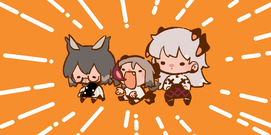 ifrit (arknights) ,saria (arknights) ,silence (arknights) multiple girls horns 3girls grey hair chibi glasses orange background  illustration images
