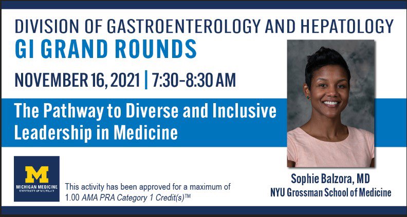 @umichmedicine @UMichGIHep is honored to have @SophieBalzoraMD join us for #GIGrandRounds talking about #majoritysubsidy vs #minoritytax in #academia, #allyship, #inclusiveleadership

All are welcome to join for LIVE webinar 💻
Tuesday Nov 16 7:30am EST 

bit.ly/3DfO44E