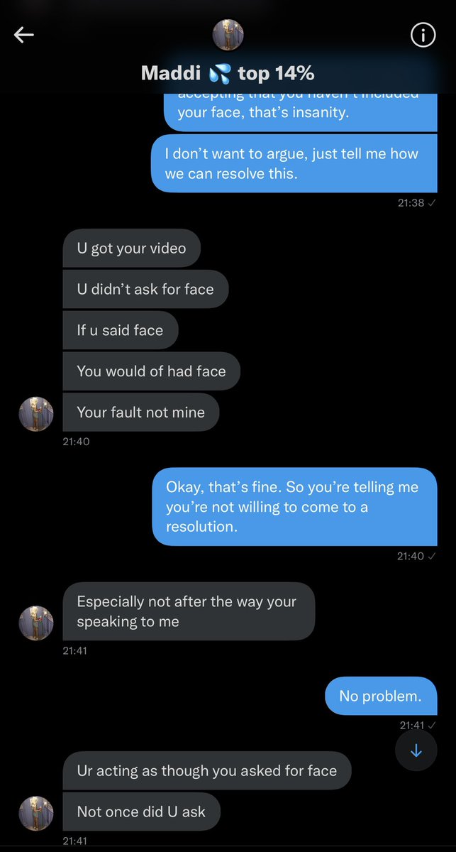 xp0singscammers's tweet photo. 🚨 SCREENSHOTS 🚨

@MaddisonFairwa1 

Seeing as Maddi isn’t showing the full story, here’s the rest. Make up your mind, first you didn’t hide your face it’s just the room was small so there wasn’t space, then it’s because it wasn’t requested? https://t.co/mncpJhTJaG