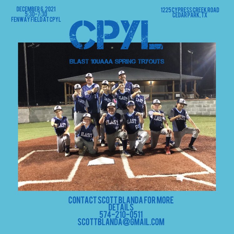 luckymikey7's tweet photo. 10U AAA @CpylSelect Blast will be holding tryouts Monday 12/6/21 at 5:30pm at CPYL Fenway field for the 2022 spring season.  RSVP by emailing scottblanda@gmail.com. Please send player name and experience info and any questions you may have. https://t.co/X0G2vt8fiD