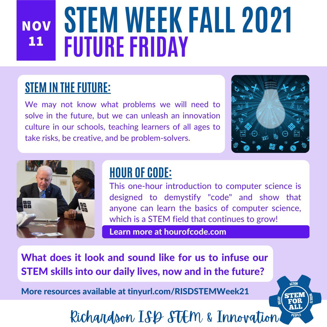 It’s Future Friday!! While #RISDSTEMWeek21 is coming to an end, STEM and Innovation is not. <a href="/RichardsonISD/">Richardson ISD</a> whether college, careers or the military, our goal is to prepare ALL Ss to be #FutureReady!! <a href="/kyndra_johnson/">Kyndra Johnson</a> @MrsHimler <a href="/MiikaBaldwin/">Miika Baldwin</a>