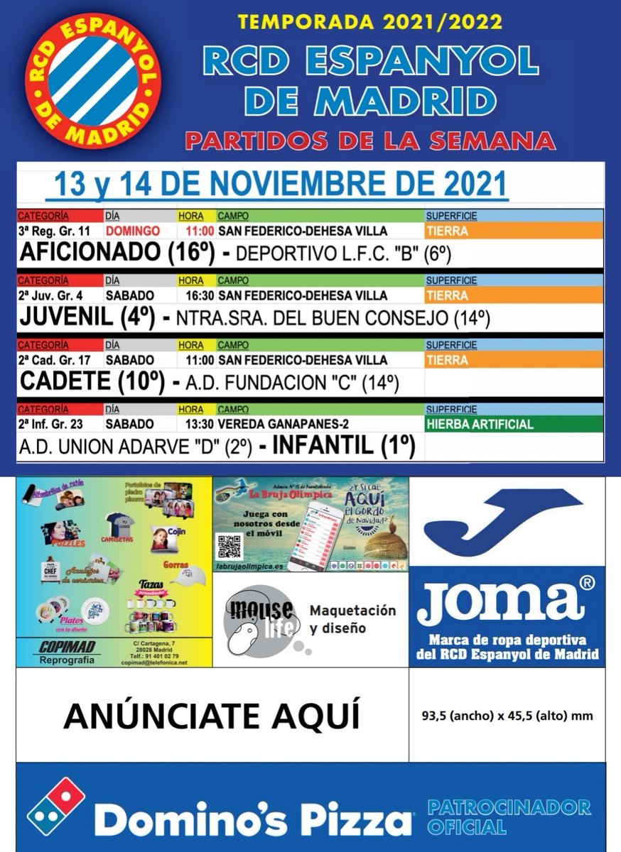 ¡Partidos del finde! 🥳
El Sen. vuelve a 🏘️ para enfrentarse al <a href="/Deportivo_LFC/">Deportivo LFC</a> .
Tras la última victoria el Juv. recibe al <a href="/futbolbuencon/">futbolcbc ®</a> .
El Cad. buscará volver a conseguir los 3 puntos 🆚 <a href="/FundacionADF/">Club Fundación A.D.F. 🇪🇸</a> 
Partidazo para nuestros inf. 1° 🆚 2°. Visitamos el 🏟️ del <a href="/UnionAdarve/">AD Unión Adarve</a> .