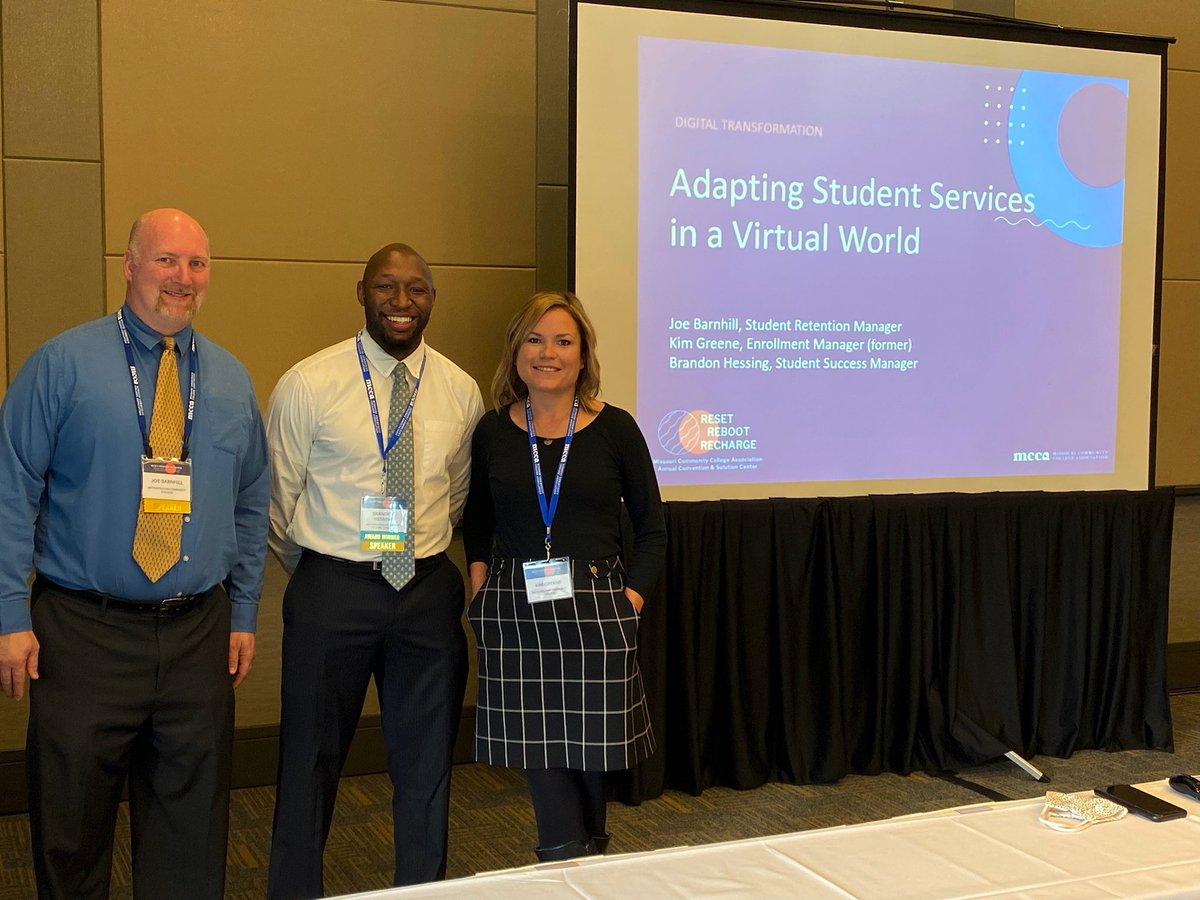 MCCKansasCity's tweet photo. We are #MCCProud of MCC’s Joey Barnhill, Brandon Hessing &amp; Kim Greene who’re presenting now at #MCCA21 about launching Virtual Enrollment Ctr in response to #Covid. A great example for MO community colleges! 🙌🏼 https://t.co/FMLDbJH1nJ