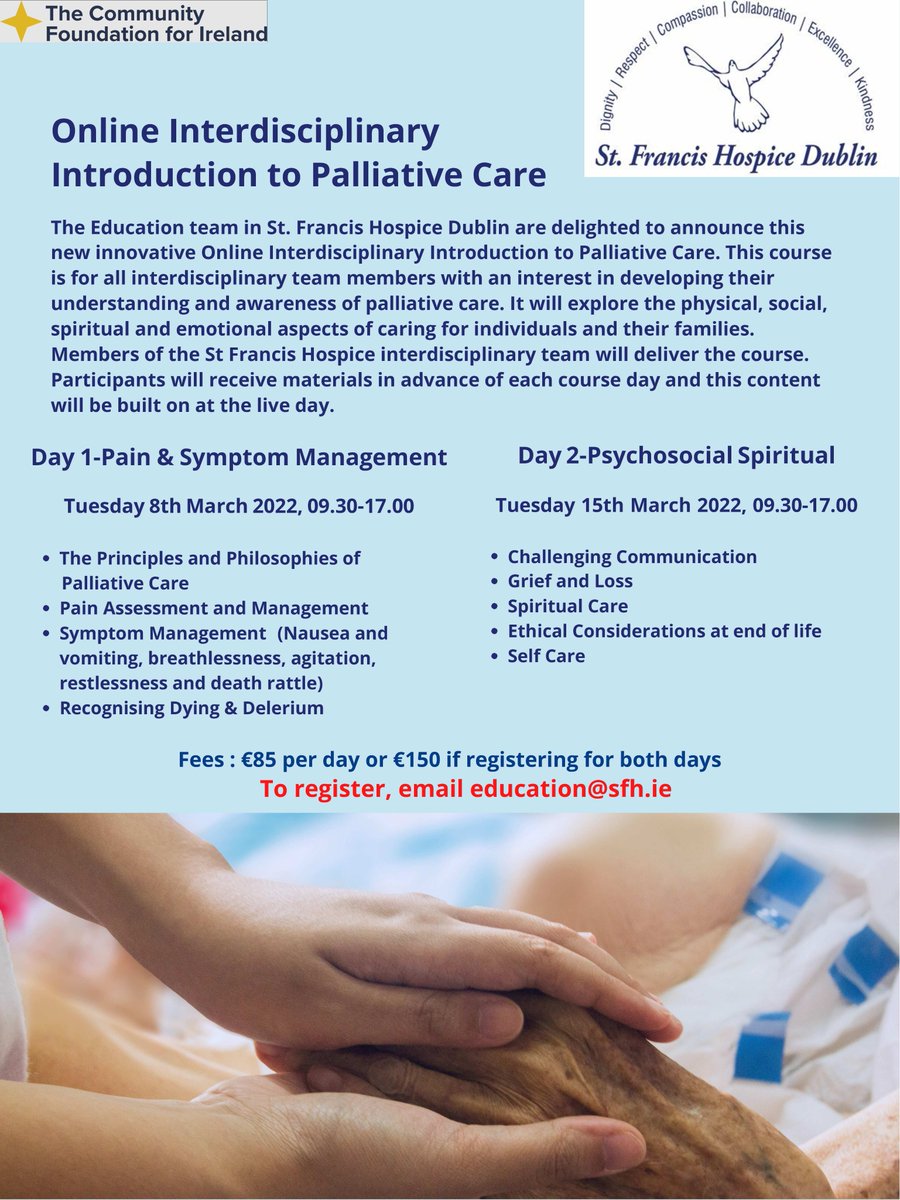 We are very excited to announce the launch of our new online course, Interdisciplinary Introduction to Palliative Care. Registration is now open for this 2 day course! For enquiries or to register, email education@sfh.ie #PalliativeCare #education <a href="/SFHDublin/">St. Francis Hospice</a>  <a href="/CommunityFound/">Community Foundation Ireland</a>