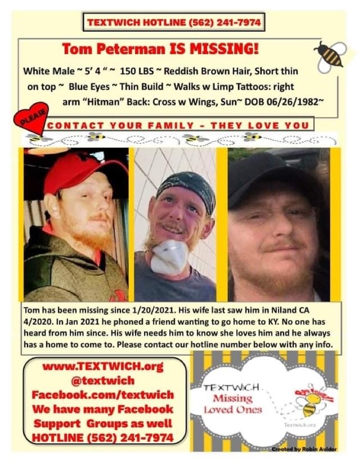 TextwichOrg's tweet photo. PLEASE LOOK FOR TOM! His wife loves him and wants him home! #textwich 🐝#missing 🐝 #homeless  🐝 #addicted 🐝 #textwichworks 🐝 #momswithsammiches 🐝 #lovethemwheretheyreat 🐝 #beefound 🐝 #beefed 🐝 #donate here https://t.co/fdpuPoWT1R https://t.co/0LhUGSvPvz