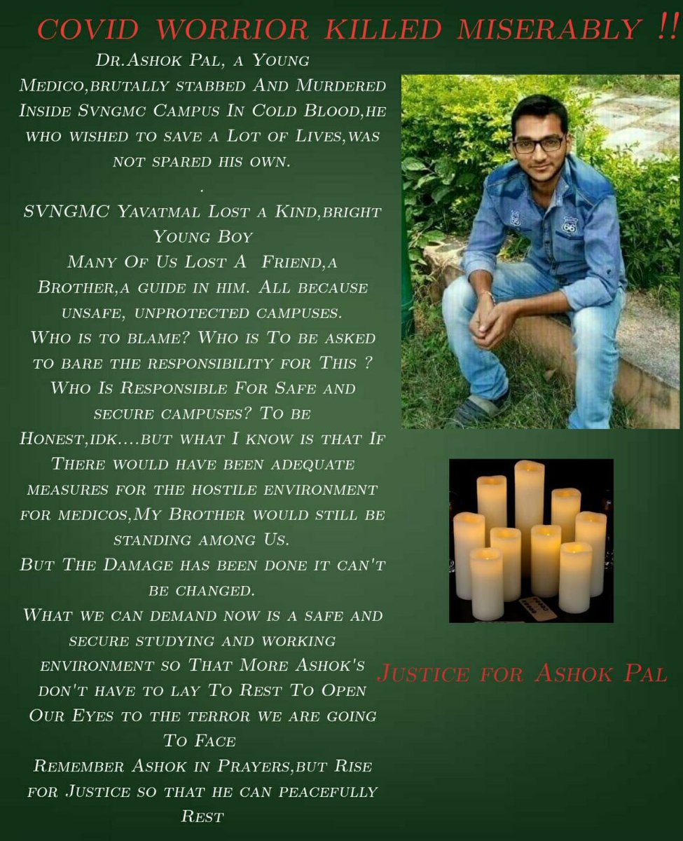 JMC_Jhalawar's tweet photo. It is very disheartening to know that a final year MBBS student was stabbed and murdered in GMC Yavatmal. A strict and quick action should be taken by the police to arrest the culprits.
#justicefordrashokpal
@CMOMaharashtra @JMC_Jhalawar https://t.co/3UXqVwEbet