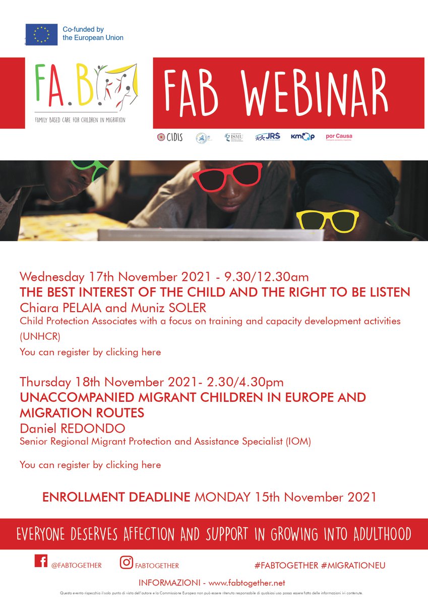 fab_together's tweet photo. On 17th and 18th November, the first two appointments with the Webinars of the project FA.B ! Family Based Care for children in migration
In the article the link to register https://t.co/u3Nltar2hv 
#FAB #fabtogether #amif #migrationeu #Cidis https://t.co/N8bQQB8uAz