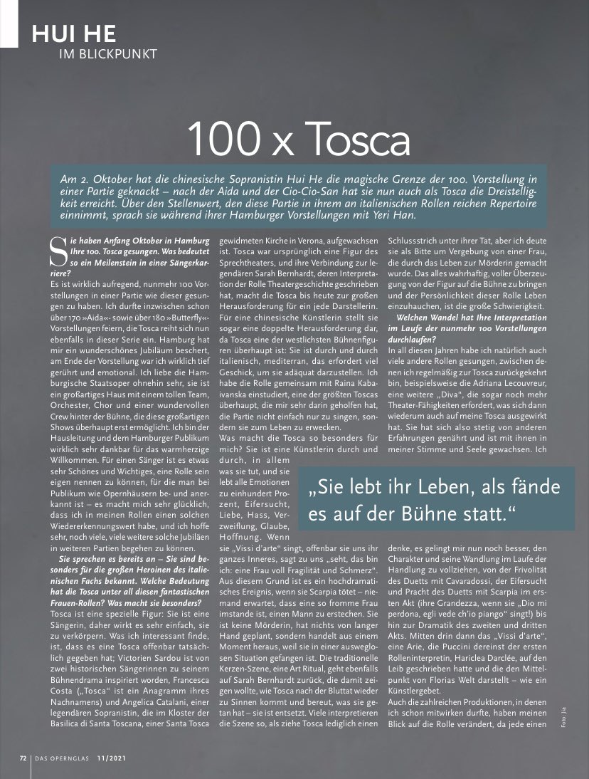HuiHesoprano's tweet photo. Last month I had this wonderful chat with of #DasOpernglas about my vision of #Tosca and its evolution from my #debut at @RegioParma to my 100 performances at the @staatsoperHH❤️ Now you can read it on their NOVEMBER ISSUE‼️ Enjoy☺️
#HuiHe #soprano #newinterview #magazine https://t.co/UVl2AH3BdP