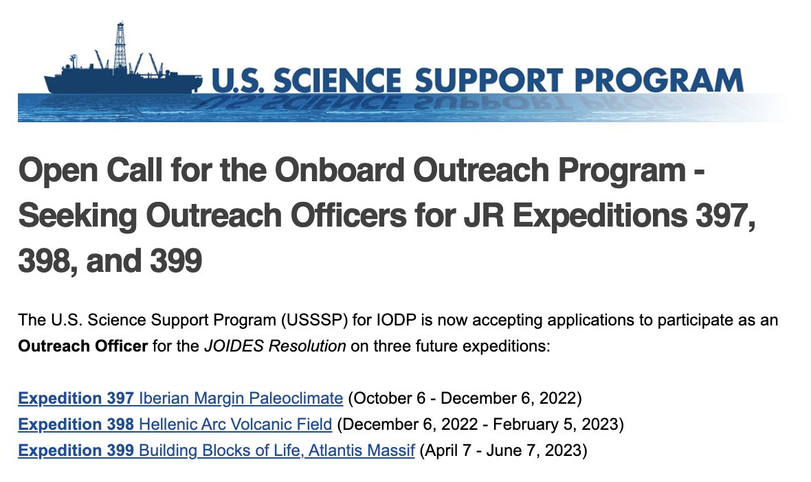 US_SciOD's tweet photo. We are now accepting applications to sail as an Onboard Outreach Officer on #IODP Expeditions 397, 398 + 399. If the thought of 2 months at sea excites you, see more information here: https://t.co/kkBvIv8aHo https://t.co/MTlOhnmzAE