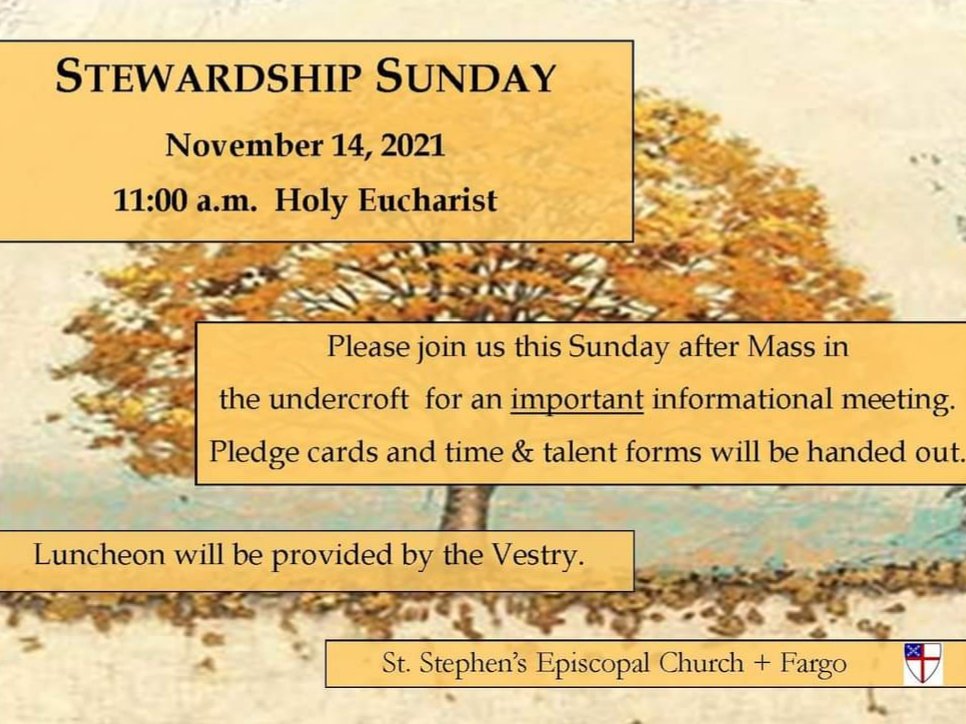 ststephensfargo's tweet photo. Stewardship Sunday is THIS Sunday.

The Vestry will host a luncheon in the Undercroft after Mass. 

Even if you only watch us by Livestream, please seriously consider pledging to St. Stephen's so we can continue to do all that we do. https://t.co/T8lHk9EkzV