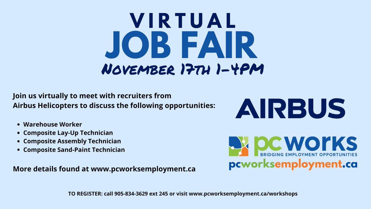 PCWorksEmploy's tweet photo. VIRTUAL JOB FAIR! PC Works is hosting Airbus Helicopters in Fort Erie for a Virtual Job Fair on Wednesday Nov 17th. For more info, and to pre-register, visit https://t.co/eh91AjmO8k (and ask about our Come in to Win Promo!)
#pcworks #niagarajobs #jobfair #portcolborne #forterie https://t.co/dlgauoCOOd