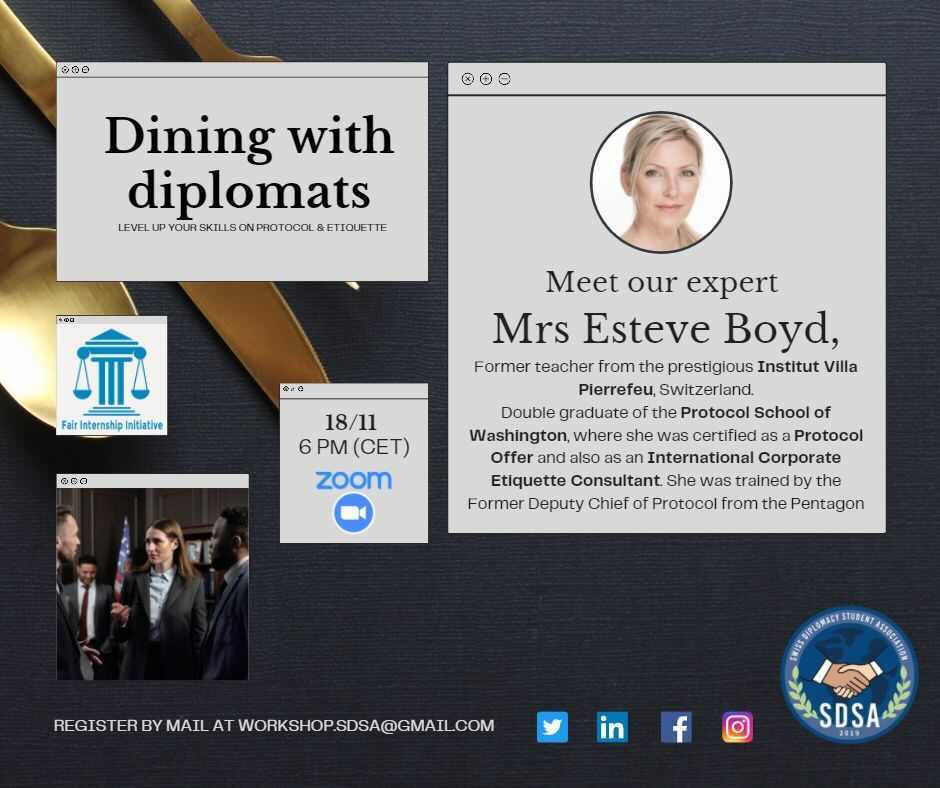 FII_UNHQ's tweet photo. How to behave in front of diplomats at dinner, an informal or in the business world? We invite you to a master workshop in these codes of conduct, online, led by etiquette expert Julia Esteve Boyd.
Email to register: workshop.sdsa@gmail.com https://t.co/pq6q5liFE2
