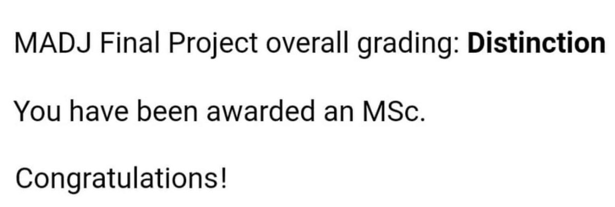Only went and managed to bag an MSc and Distinction on my Digital Journalism postgraduate course at <a href="/GoldsmithsUoL/">Goldsmiths, University of London</a>!

Not bad for someone who came into the year thinking a terminal was an airport thing.

Check out my full portfolio >> bit.ly/3Cb5E8o