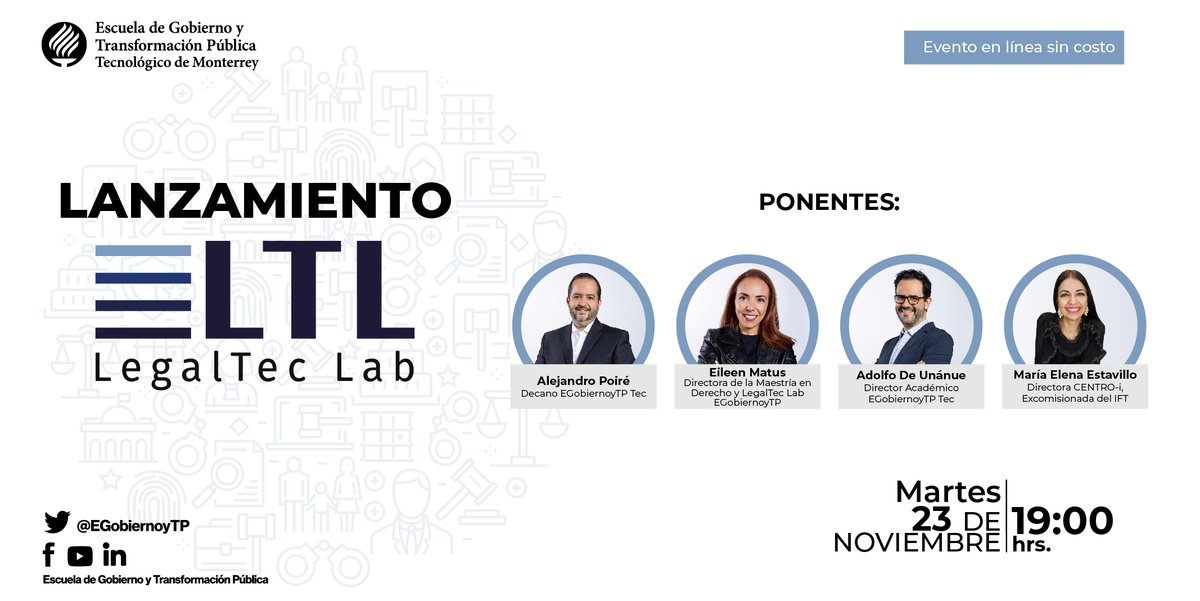 EGobiernoyTP's tweet photo. 📌 Este martes 23 de noviembre conoce #LegalTecLab, un espacio para fomentar el debate académico.
Nos acompañarán @alejandropoire, @eileenmatus, @nano_unanue y @elenaestavillo.
Regístrate aquí 👉🏻 https://t.co/Aq7THdNbHX
#SomosEGobiernoyTP https://t.co/JoWZFit3PA