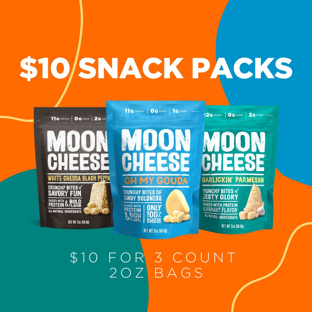 Let us help you stay fueled to accomplish your holiday checklist. Stock up on our high protein low sugar Moon Cheese with our $10 three count 2oz Snack Packs. Offer ends 11/12.