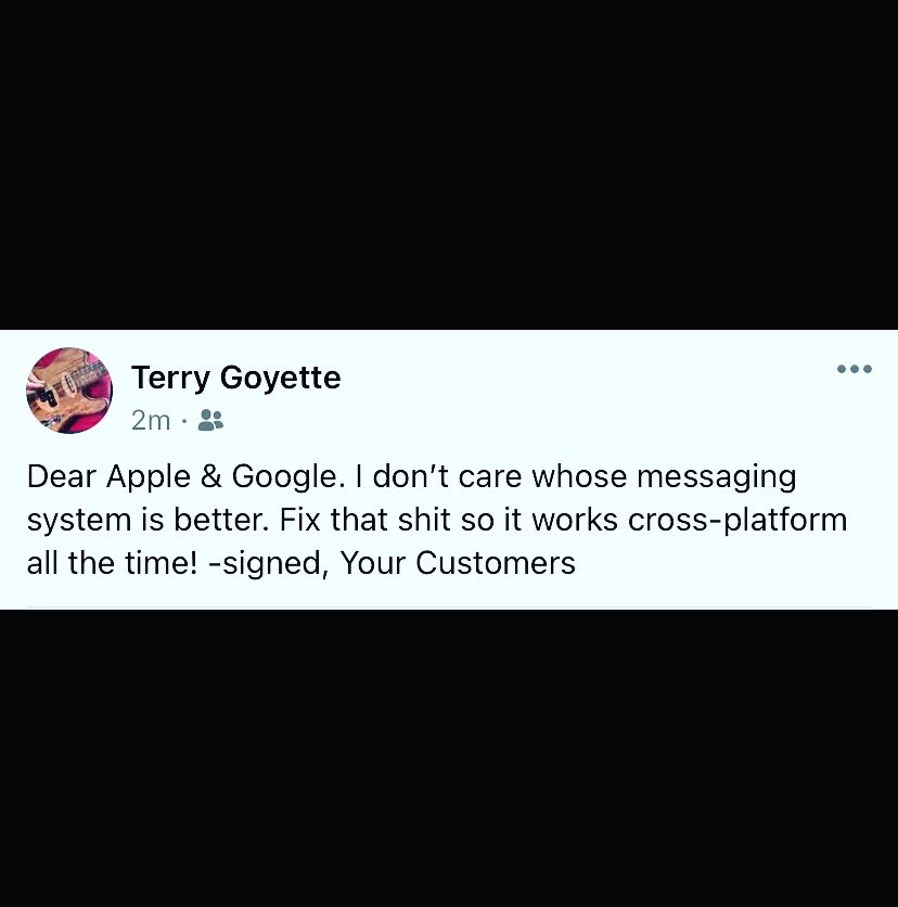twocargar's tweet photo. Dear @tim_cook and @Google: Please fix this! #sms #imessage #texts  #crossplatform https://t.co/oppXU6Bm0K