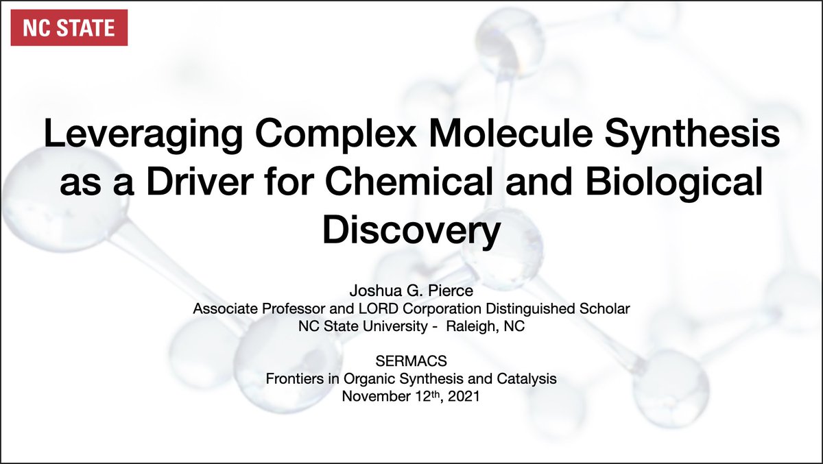 Friday @SERMACS - check out the Frontiers in Organic Synthesis and Catalysis Symposium organized by <a href="/santoslabVT/">Webster Santos</a> - I’m giving another brand new talk at 9:55 in Room D. Lots of great talks all day long! <a href="/HuigensRob/">Robert Huigens</a> <a href="/stefan_france/">Stefan France</a> <a href="/SimonBBlakey/">Simon Blakey</a> this AM and more this afternoon!