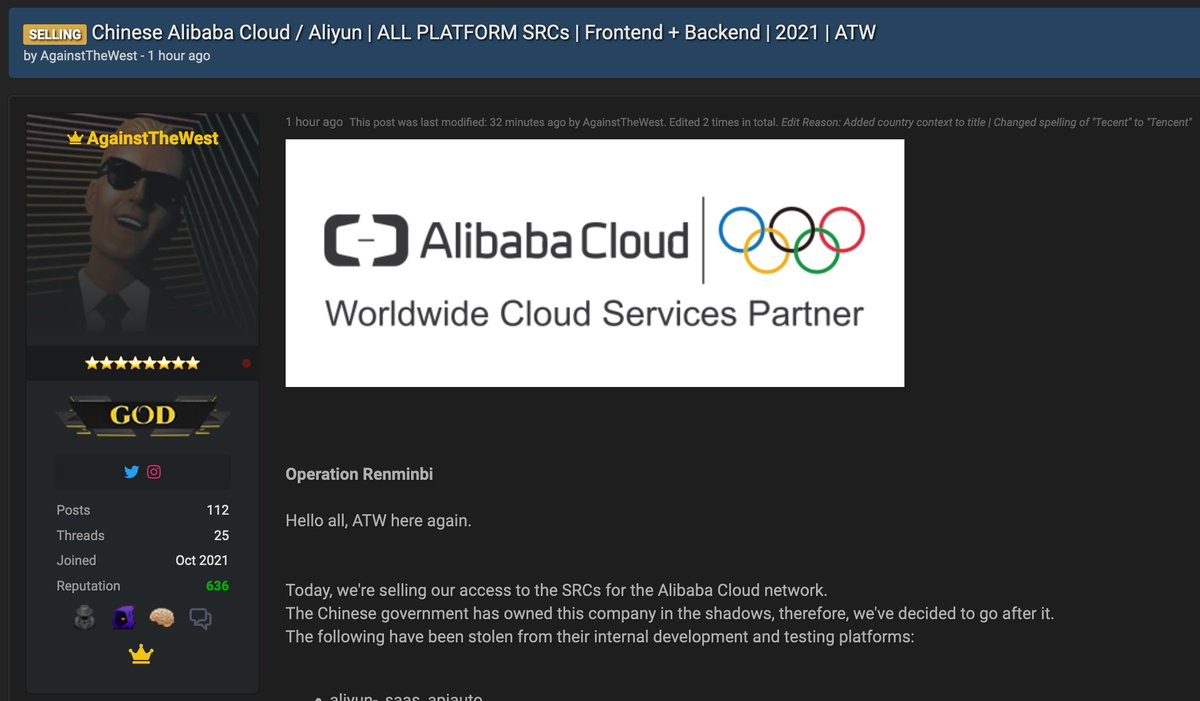 35Foss's tweet image. 👀 Apparently #AlibabaCloud has been hacked and their source code is now up for sale on #Raidforums. Mentions of targeting #Tencent next...