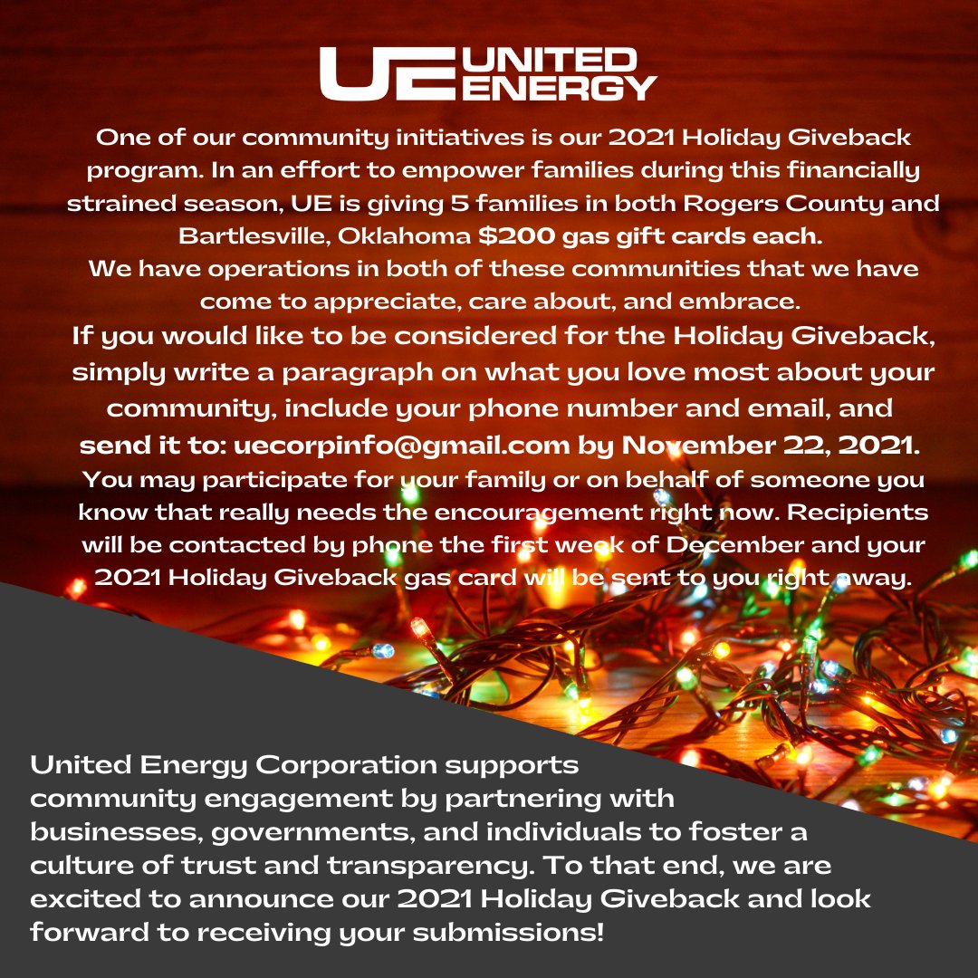 UNRGCorp's tweet photo. 🎀 Holiday Giveback. Rogers County &amp; Bartlesville #Oklahoma.

$UNRG is giving 10 families $200 gas gift cards to help lessen the burden of rising #energy costs.

We are currently taking nominations &amp; submissions until Nov 22, to be considered.

https://t.co/8Ts2rWo4YW https://t.co/gvfnNjxU3n