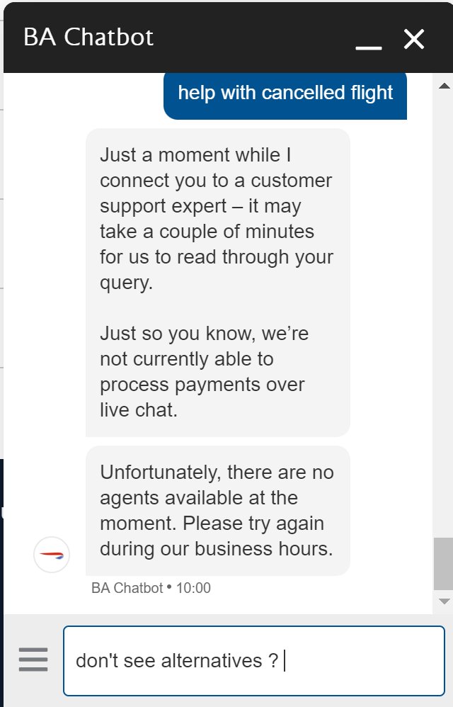 sanjayzimmerman's tweet photo. @British_Airways you cancelled 2 out of 4 flights from itinerary and offer no alternatives + call center line disconnects and chatbot is unavailable? What's up? Is IAG shutting down on the back of travel re-opening 🙄
 Is 10am not business hours? https://t.co/jtDaWRwWoo