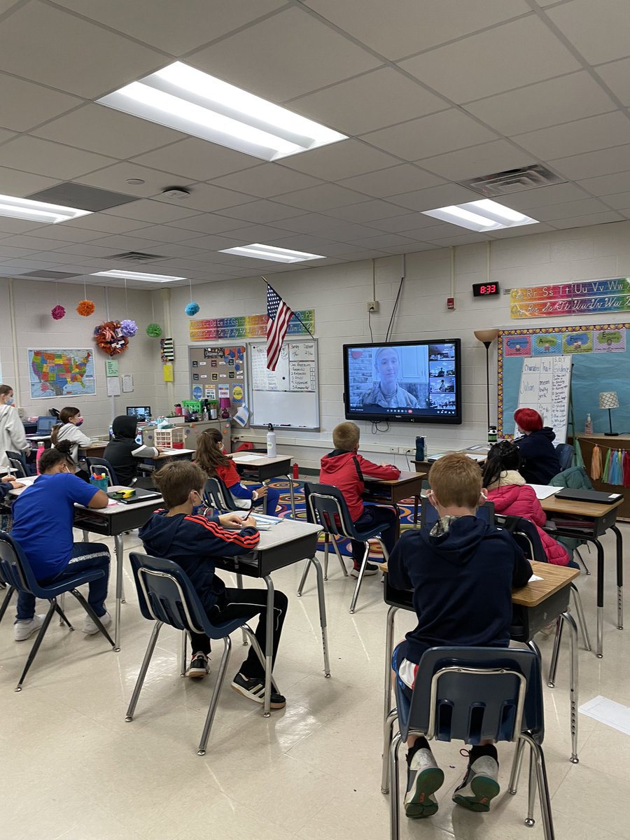 MrsBartley4's tweet photo. Yesterday for Veteran’s Day, we were able to have a virtual visit from a veteran. She was able to share lots of cool information and the students loved asking questions!@CESGoPanthers @MTinsman_edu https://t.co/vTgAhgeKkT
