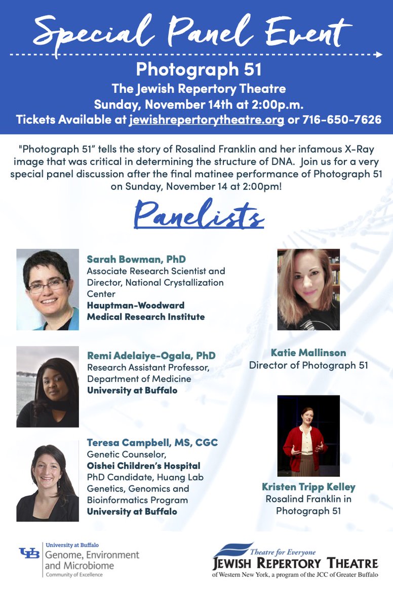 This Sunday, November 14th at 2:00pm, a special panel discussion will follow the final matinee performance of 'Photograph 51' at the Jewish Repertory Theatre.  Details on the flyer below. 
Tickets available at: jccbuffalo.org/jrt/
<a href="/UBuffalo/">UBuffalo</a> <a href="/JCCBuffalo/">JCC Buffalo</a> #UBGEMCOE