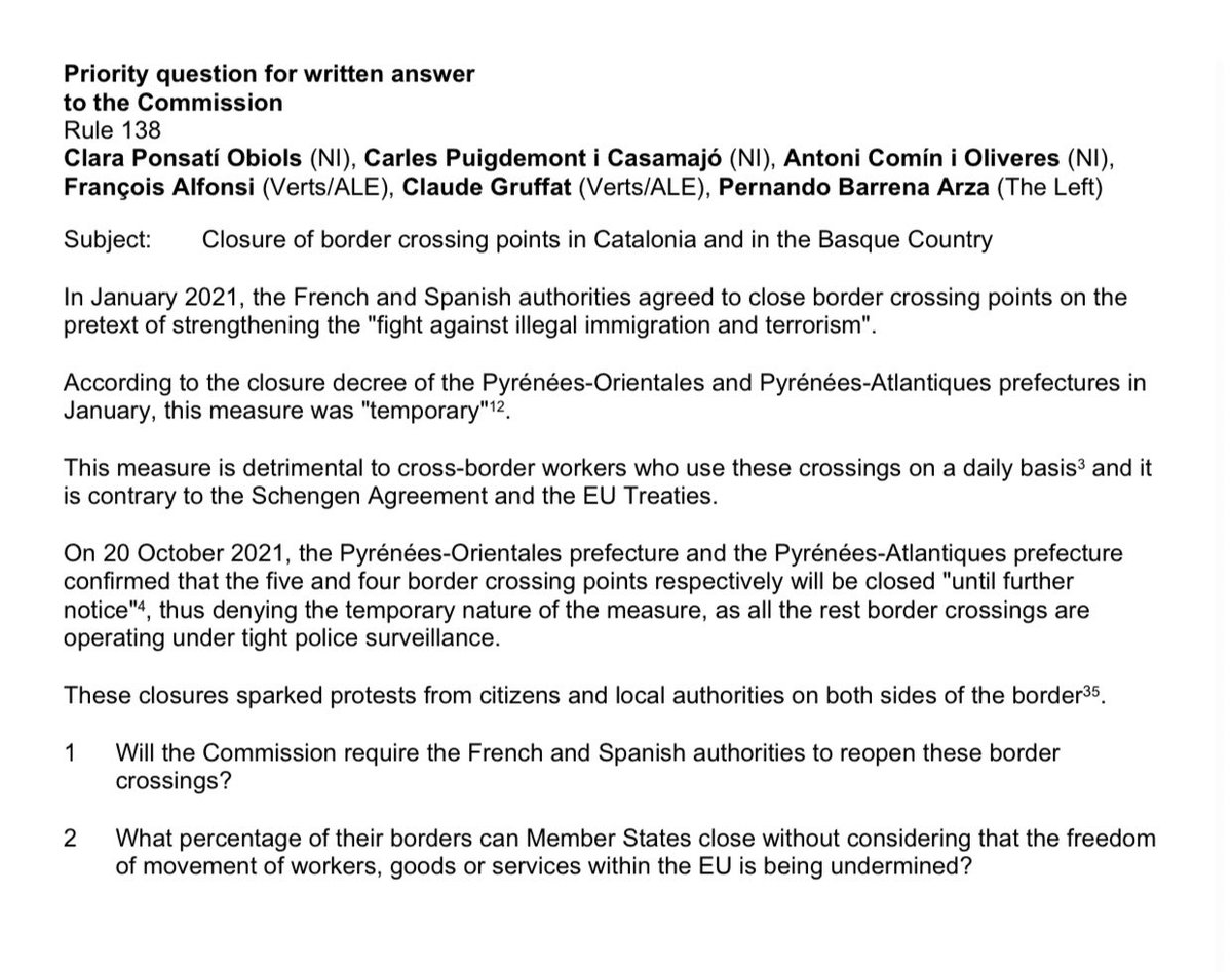 ClaraPonsati's tweet photo. El tall indefinit de passos fronterers entre Catalunya Nord i Sud és contrari a l’acord de Schengen i dificulta la vida de molts catalans. Hem presentat una pregunta urgent a la @EU_Commission perquè obligui a les autoritats franceses i espanyoles a reobrir-les. https://t.co/qYcGkJg7AJ