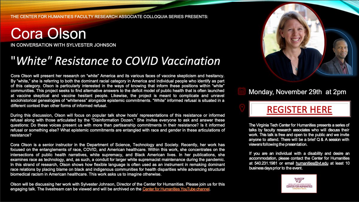 humanities_tech's tweet photo. The CfH Faculty Research Colloquia presents a conversation with Cora Olson: "'White' Resistance to COVID Vaccination" on Monday, November 29th at 2pm EST. Register for the webinar here: https://t.co/BP35gdyHcV https://t.co/eCRDomFgU4