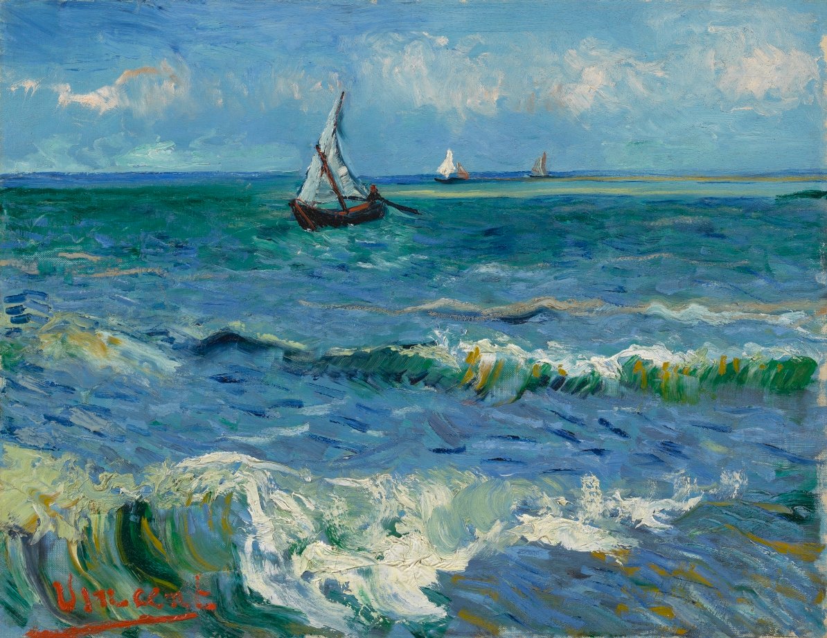 vangoghmuseum's tweet photo. To see with the naked eye. While Vincent was painting at the beach, grains of sand blew onto his canvas. The brown, beige and black grains of sand can still be seen with the naked eye, as little see-through specks in the paint. 🌻 Seascape near Les Saintes-Maries-de-la-Mer (1888) https://t.co/2SvyqCtj01