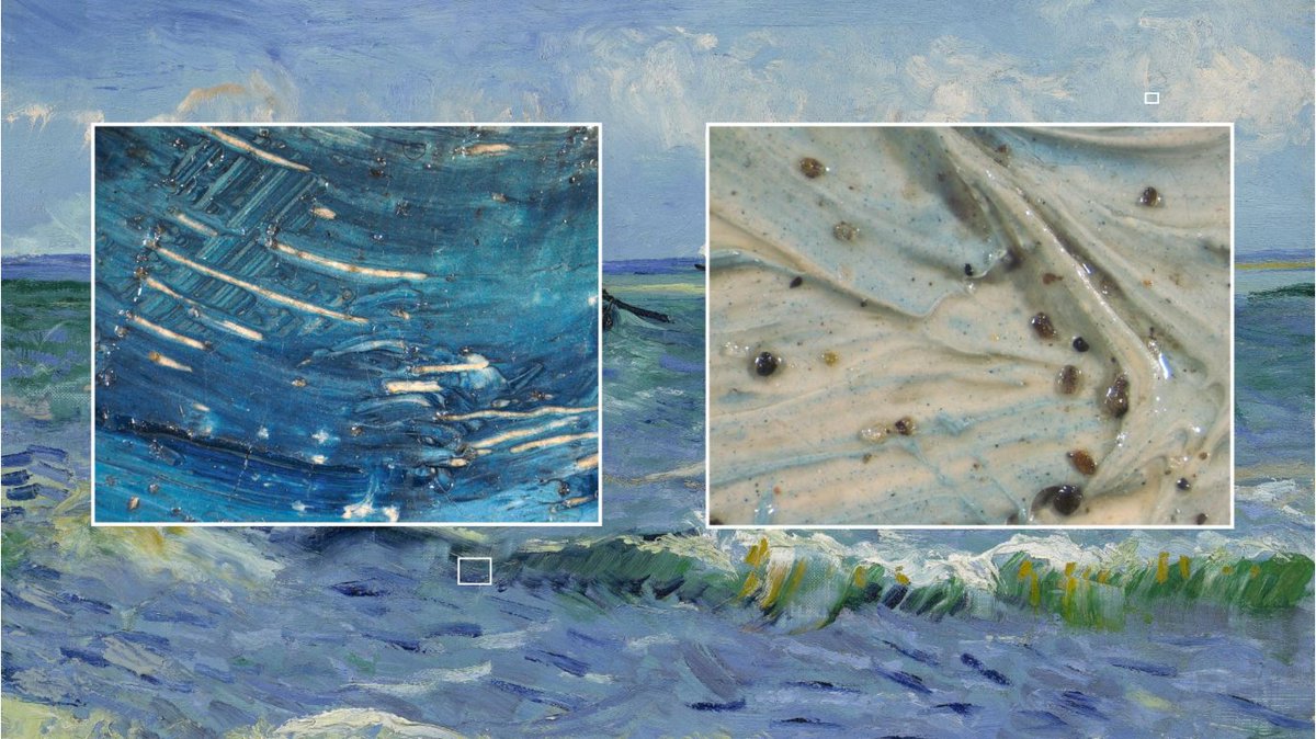 vangoghmuseum's tweet photo. To see with the naked eye. While Vincent was painting at the beach, grains of sand blew onto his canvas. The brown, beige and black grains of sand can still be seen with the naked eye, as little see-through specks in the paint. 🌻 Seascape near Les Saintes-Maries-de-la-Mer (1888) https://t.co/2SvyqCtj01