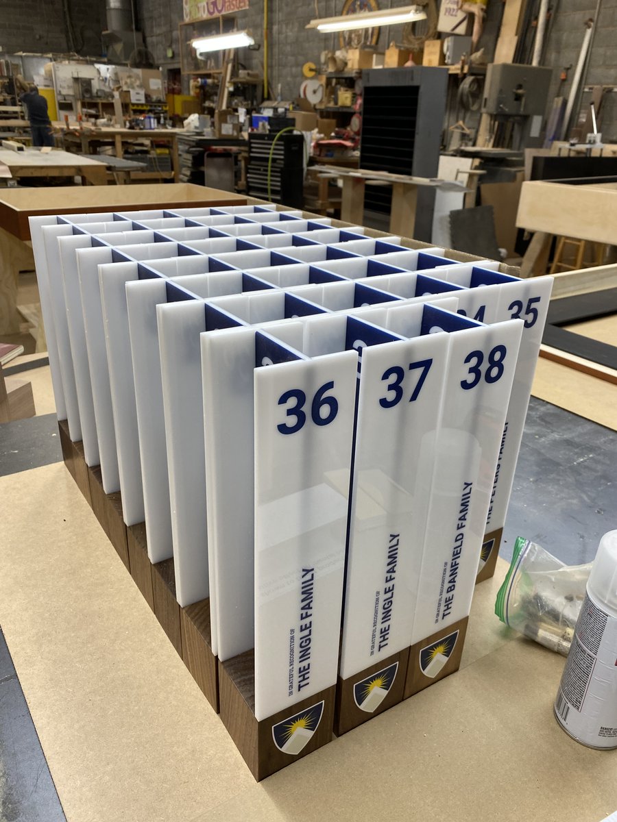 AdlerDisplay's tweet image. The Adler Display team is creating cafeteria center pieces with donor recognition to hold menus for The Hill School. #AdlerDisplay #recognitiondisplay #donorrecognition
