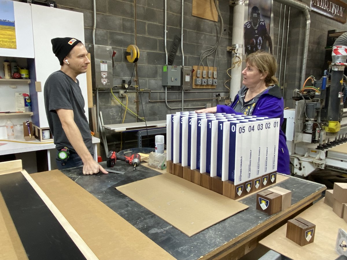 AdlerDisplay's tweet image. The Adler Display team is creating cafeteria center pieces with donor recognition to hold menus for The Hill School. #AdlerDisplay #recognitiondisplay #donorrecognition