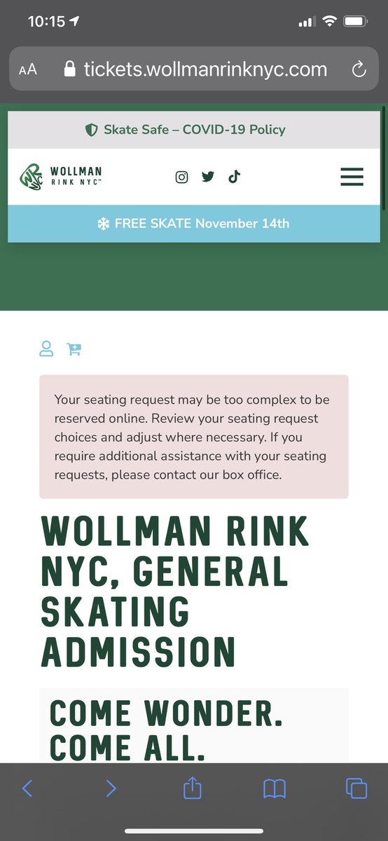 HcSpin's tweet photo. @WollmanRinkNYC I select two tickets and this is what I get. My son can’t skate alone. Need two tickets https://t.co/hmJzv6tGht