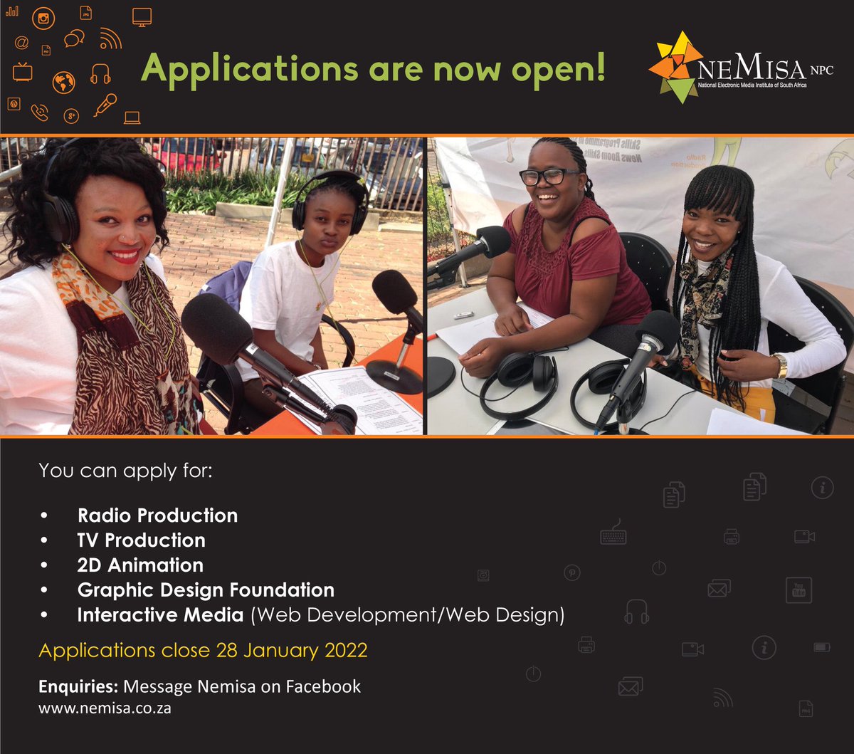 Applications for Broadcasting and Creative Media are open for the Academic Year 2022! Available courses are: Radio Production, Television Production, 2D Animation, Graphic Design Foundation, and Interactive Media (Web Development) #nemisa #nemisaskillstraining #nemisabroadcasting