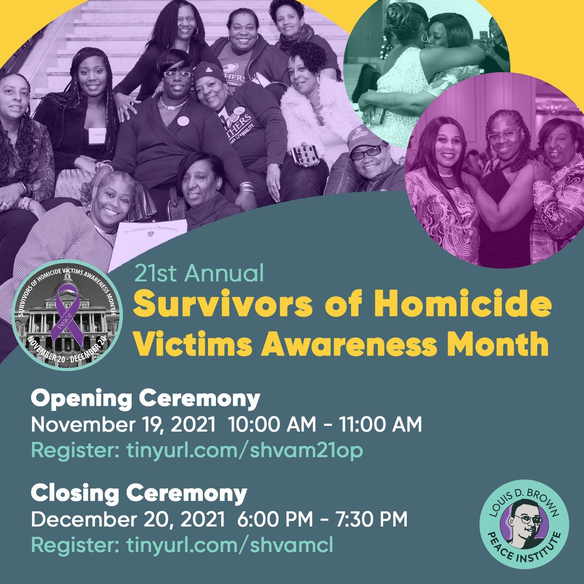 LDBpeaceInst's tweet photo. November 20 - December 20 is Massachusetts Survivors of Homicide Victims Awareness Month (SHVAM). Throughout the month survivors will be hosting various events from Grief and Loss Workshops to healing activities for children and much more! Event details: https://t.co/qfIpXILGGS https://t.co/6QomwWusTQ
