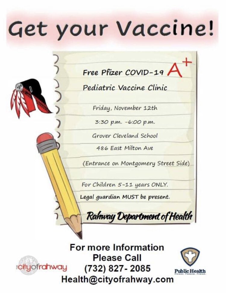 Mayor_Giacobbe's tweet photo. Pediatric Vaccine Clinic TODAY from 3:30pm-6:00pm at Grover Cleveland School.

For children 5-11 years old. Legal guardian must be present. 

For more information, please call Rahway Department of Health 732-827-2085. https://t.co/HuPX58fFw3