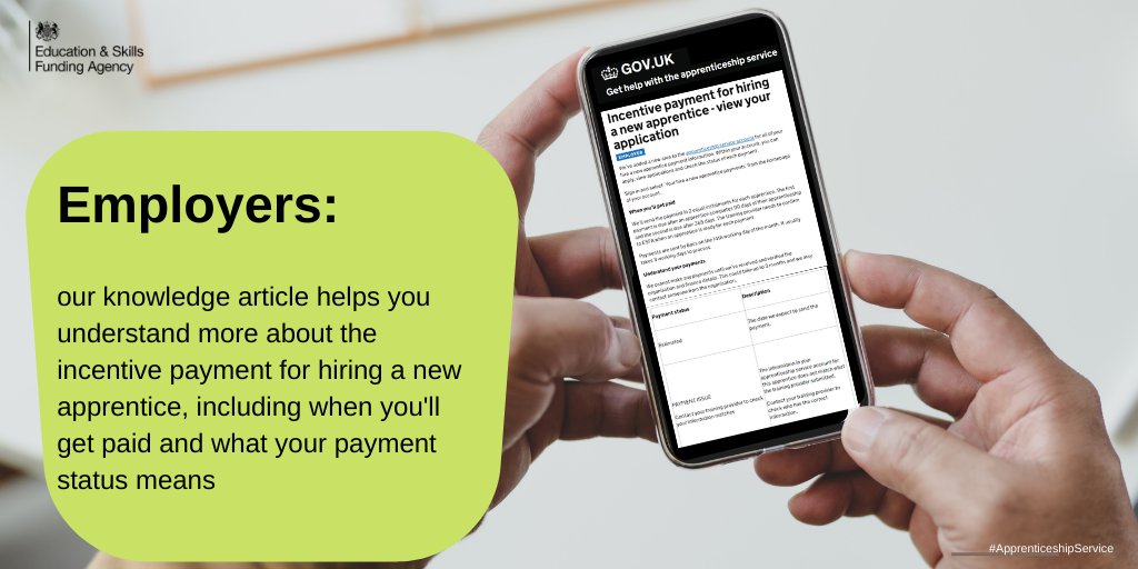 Employers: have you applied for an #incentive payment for hiring a new apprentice? Read our help article to understand more about your payment status, when you’ll get paid, and viewing your application ➡ help.apprenticeships.education.gov.uk/hc/en-gb/artic… #PlanForJobs