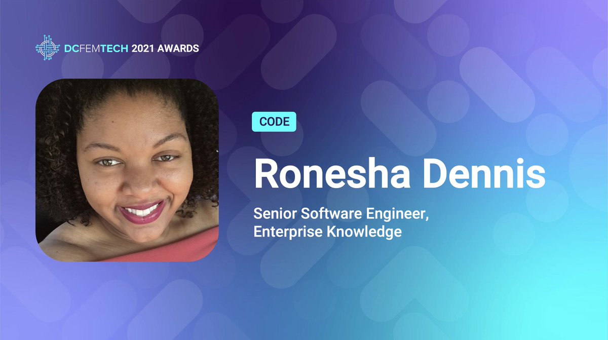RoneshaDDennis's tweet image. I am honored to be named a 2021 @DCFemTech Award Recipient. I am joining an impressive list of women, many of whom I have been greatly influenced by. dcfemtech.com/awards #dcft21